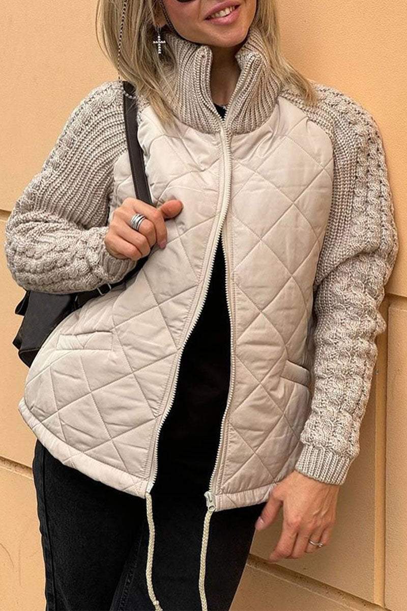 Naisten rento yksivärinen neulottu patchwork-takki vetoketjulla