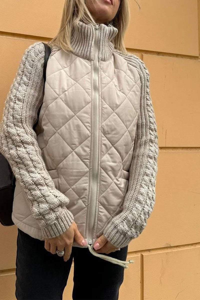 Naisten rento yksivärinen neulottu patchwork-takki vetoketjulla