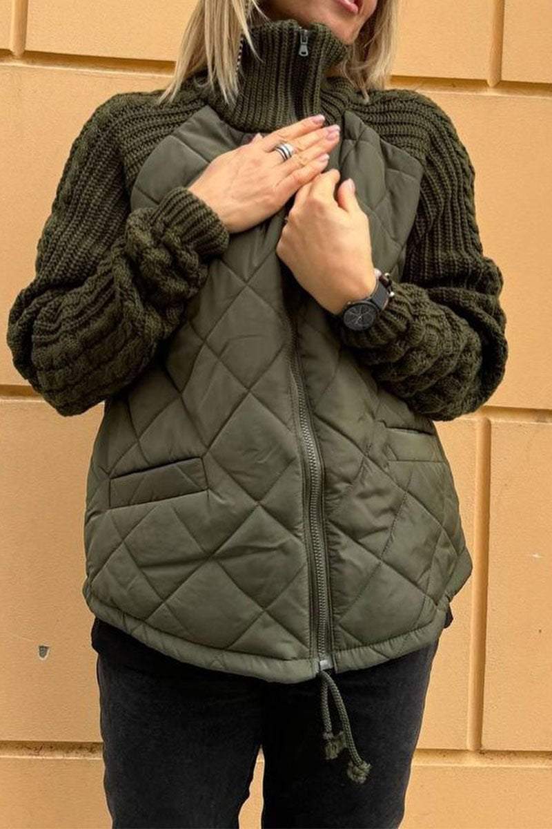 Naisten rento yksivärinen neulottu patchwork-takki vetoketjulla