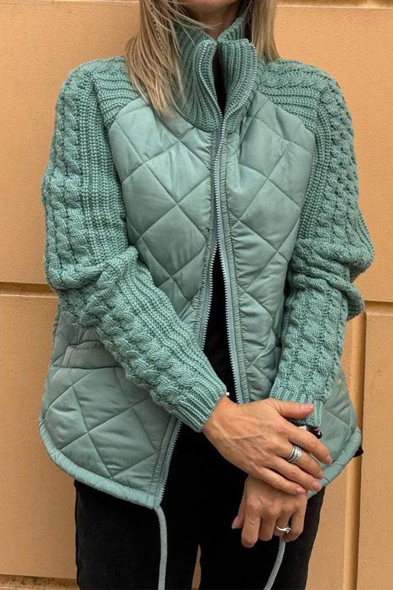 Naisten rento yksivärinen neulottu patchwork-takki vetoketjulla